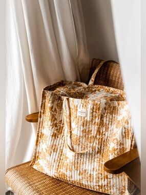 NEW Sezane Maxi Quilted Cotton Floral Tote in Yellow and Cream